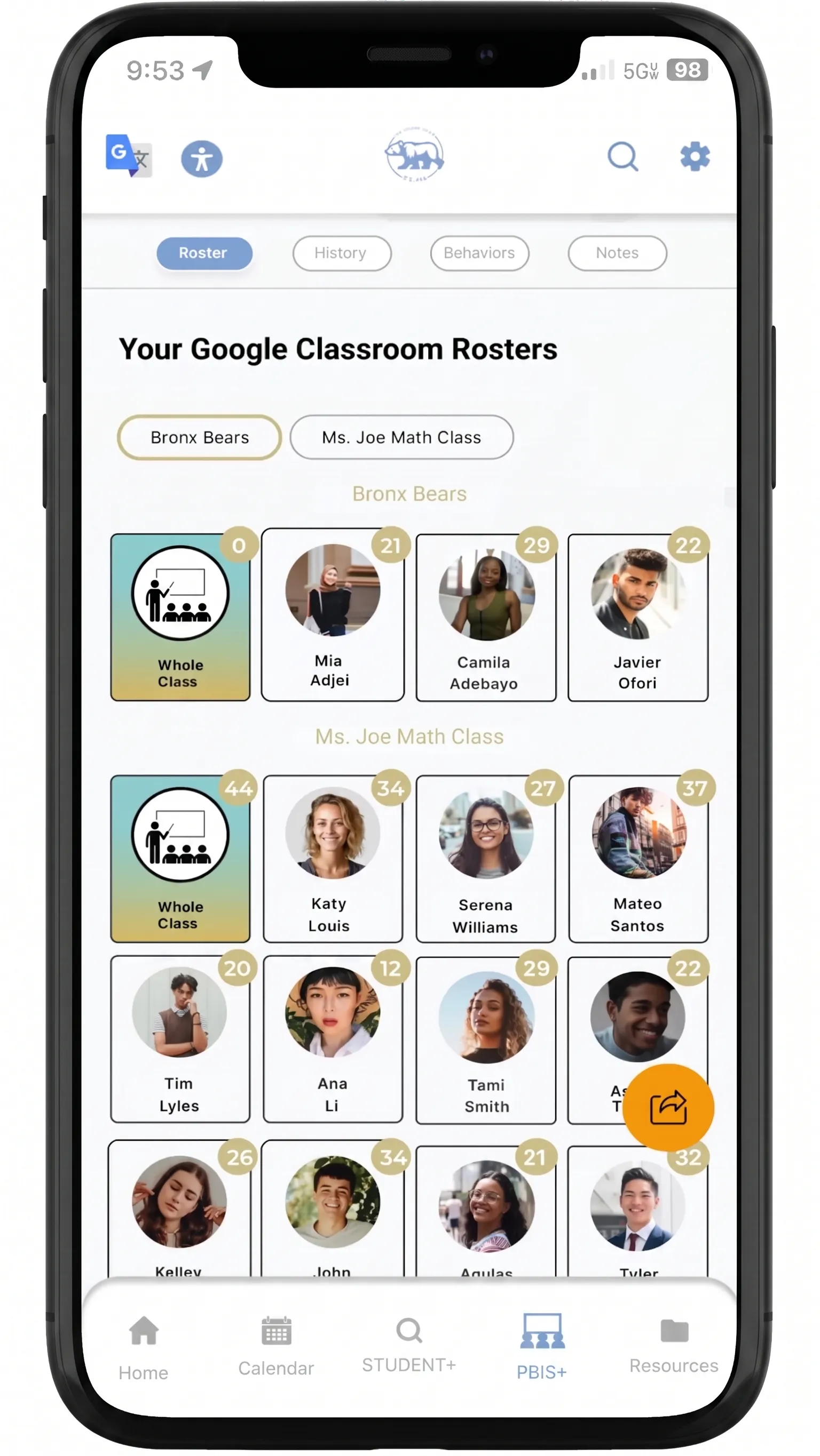 Staff perspective on PBIS+ in a K–12 NYC school app, showing behavior tracking and positive reinforcement rewards.