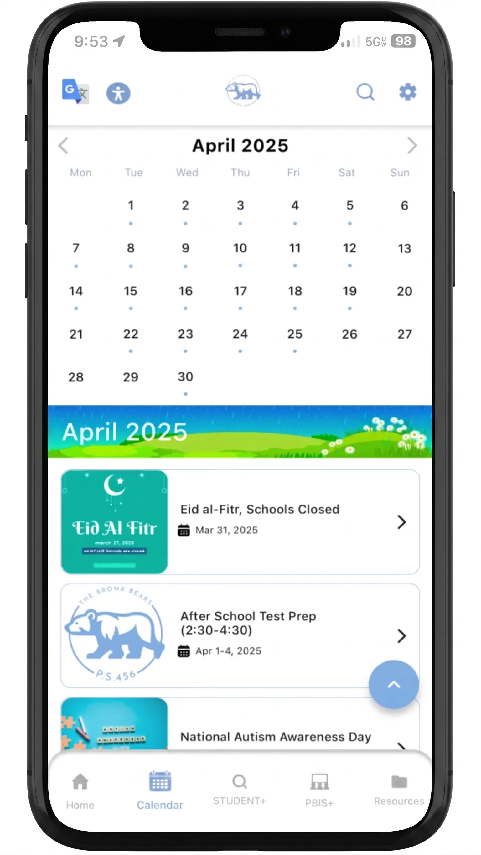 Staff calendar interface in a K–12 NYC school app, displaying faculty meetings, PD sessions, and school events.