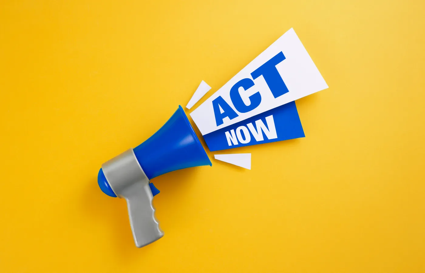 A megaphone with the words 'Act Now' projecting out from the sound area, symbolizing urgency and a call to action.