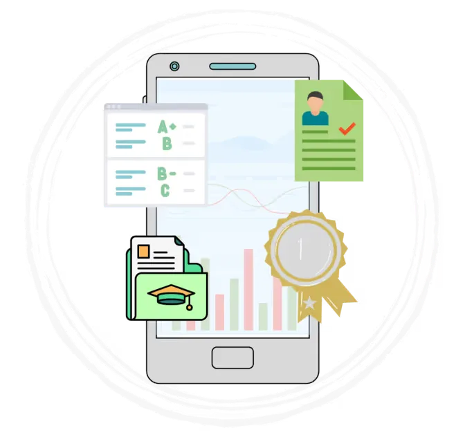 Smartphone graphic displaying graphs, surrounded by icons including a prize ribbon, report card, student information, illustrating SOLVED Consulting's school apps and data dashboards for integrated classroom management.