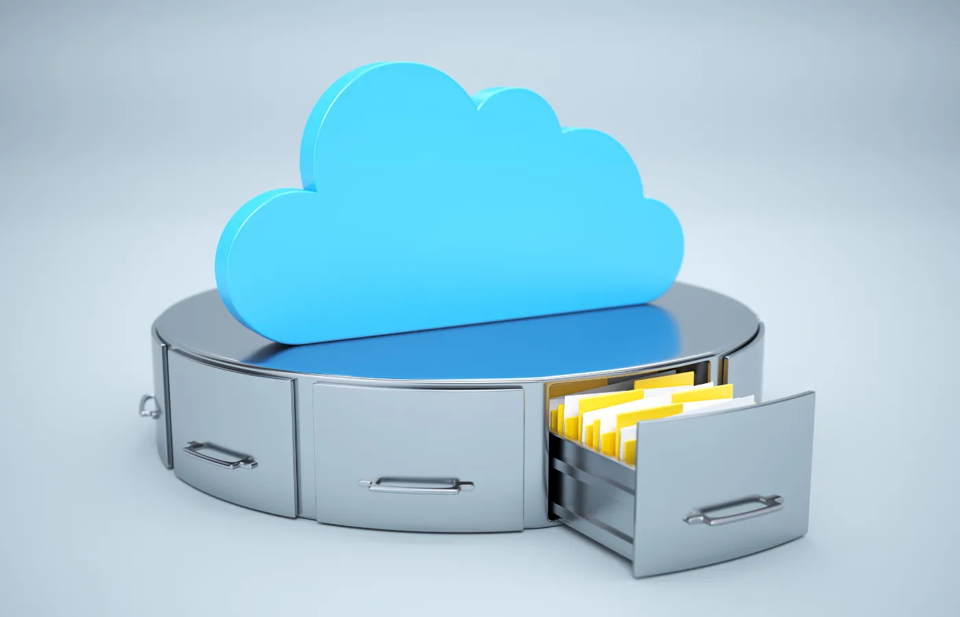 Filing cabinet with a blue cloud above it and an open drawer holding yellow folders, representing digital cloud storage for archived Google Classroom information.