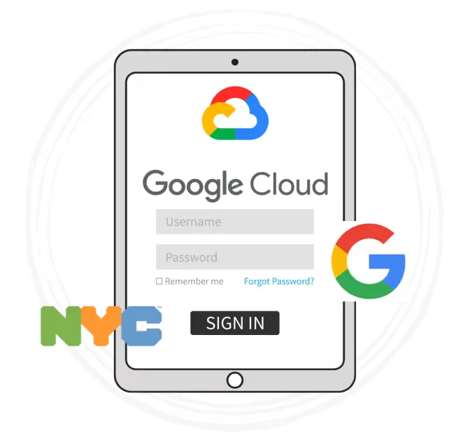 An iPhone displaying the Google Cloud app login screen, surrounded by the Google logo and NYC imagery, illustrating SOLVED Consulting’s integration of Google Classroom with advanced data dashboards and services.