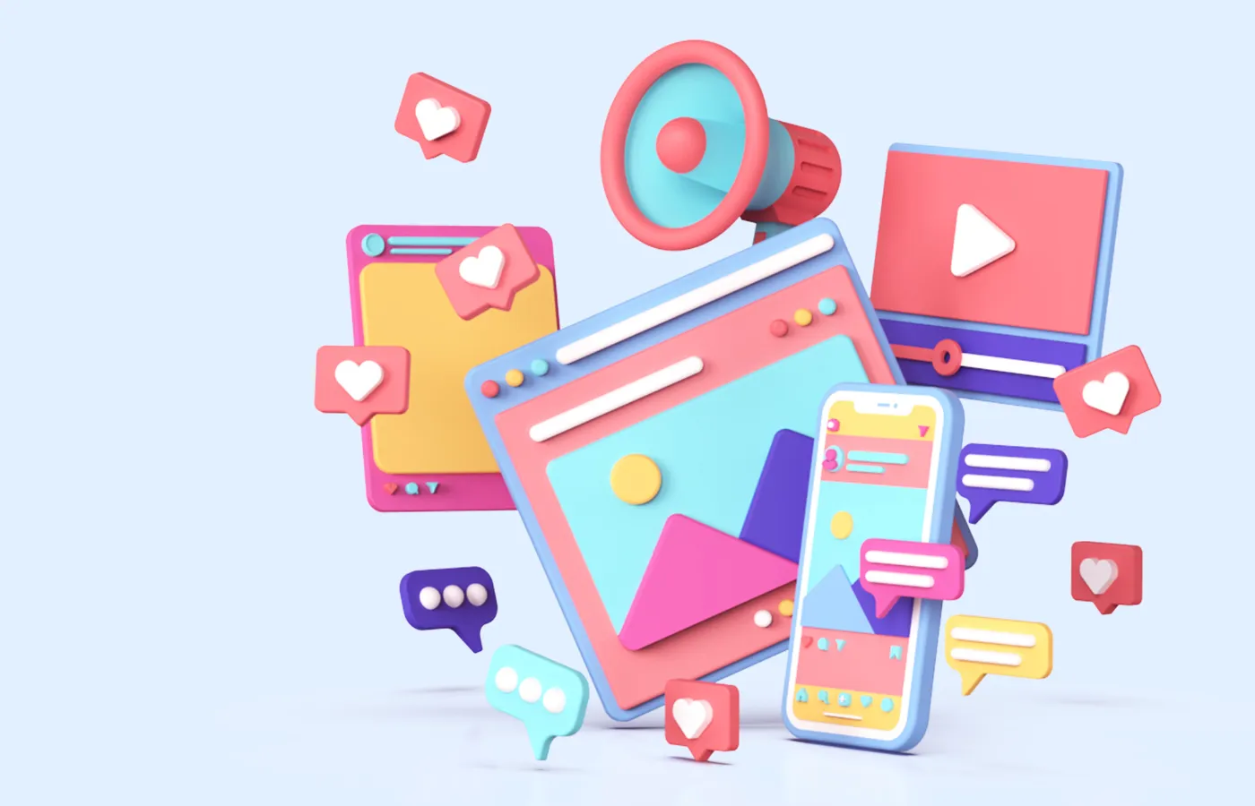 Colorful pastel graphics of an iPad, web page, iPhone, video, and megaphone, surrounded by comment bubbles featuring dots for typing, hearts, and lines symbolizing comments, representing the diverse communication channels for a school community.