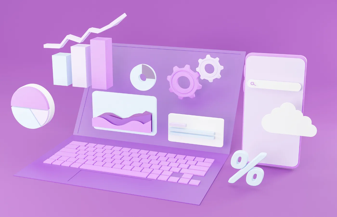 Purple graphic of a laptop computer and smartphone surrounded by icons representing charts, a pie graph, bar chart, gears, percentage symbols, and data lines, symbolizing easy-to-understand infographics and statistics designed for prospective families.