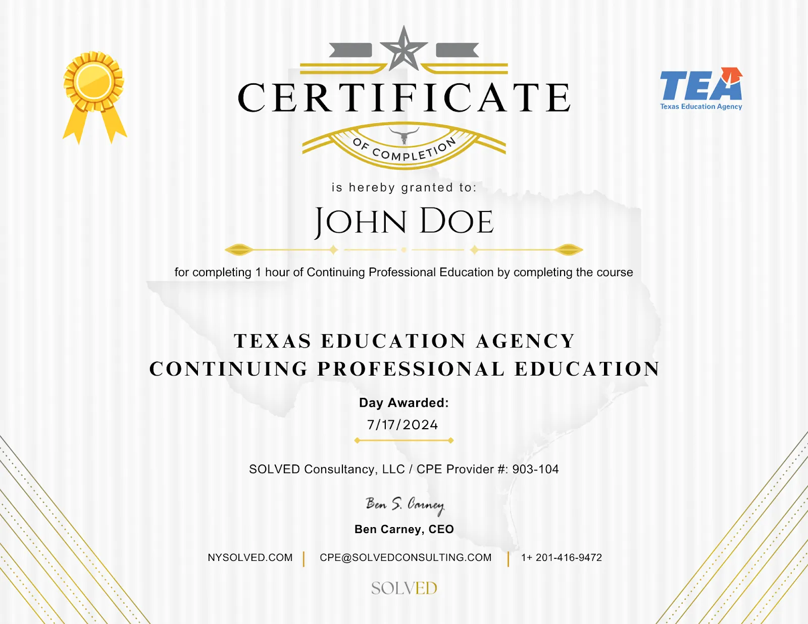 Continuing Professional Education (CPE) certificate from SOLVED, Texas Education Agency approved provider
