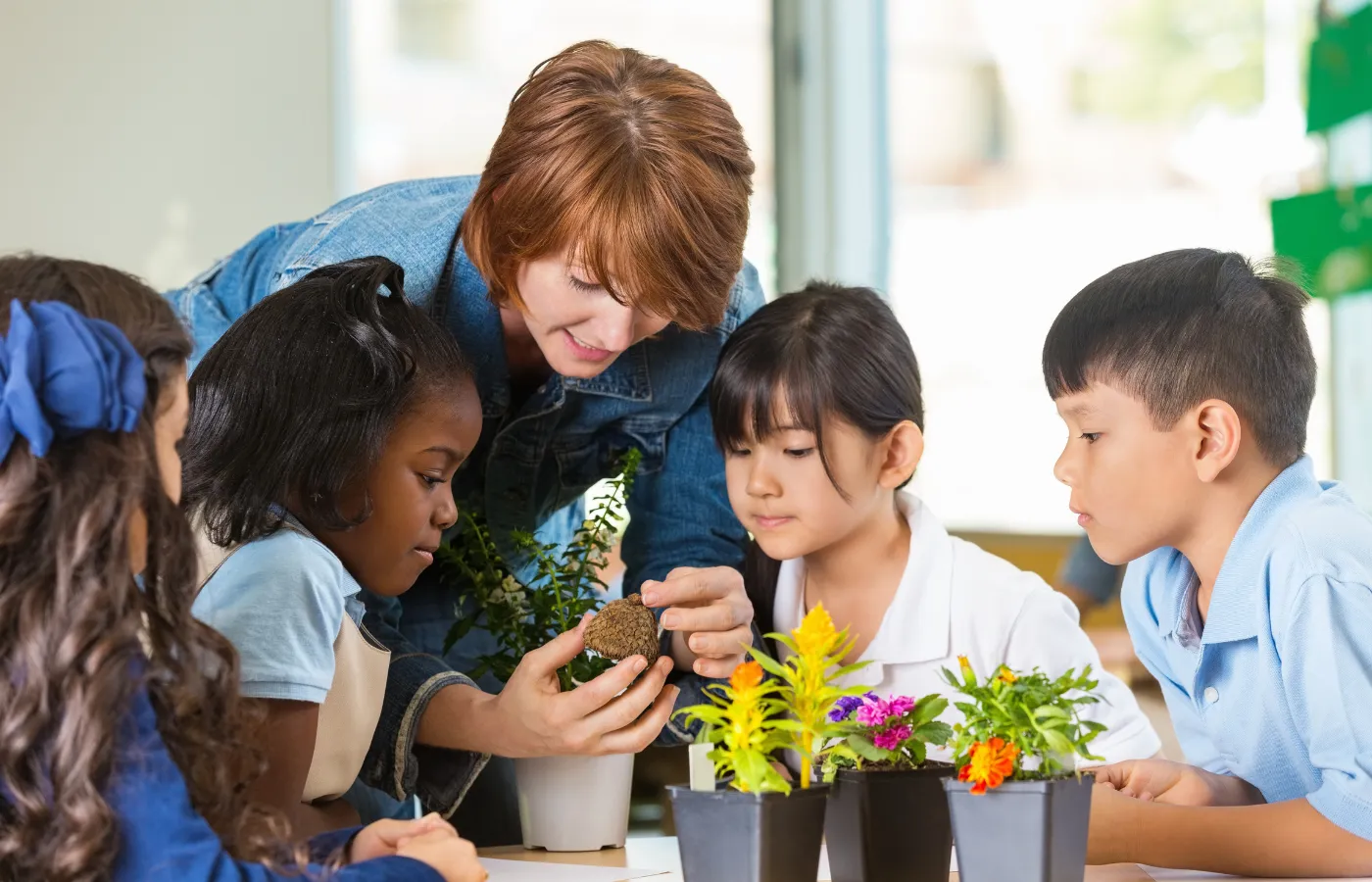 Teacher engaging elementary school students, showing a part of a plant while students observe attentively, with plants on the table to demonstrate the sunlight experiment for the Claim-Evidence-Reasoning (CER) model.