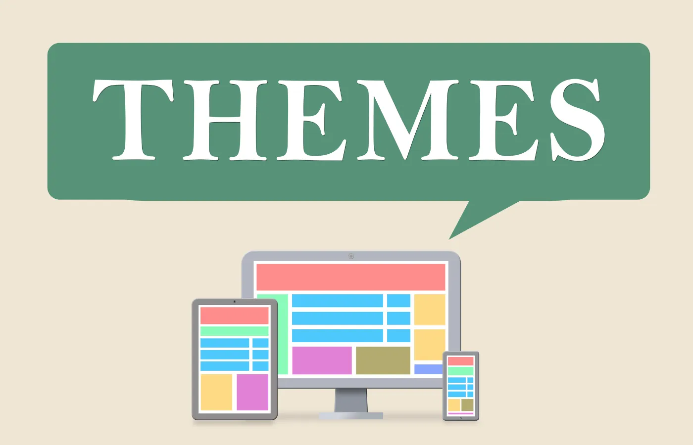 A graphic of a computer, iPad, and phone displaying a Google Classroom template with the word “Themes” emerging from the computer, symbolizing teachers’ ability to customize their Google Classroom with unique themes during setup.