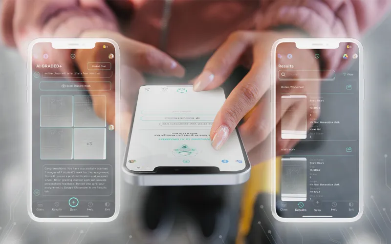 A teacher using AI-powered grading tools on a mobile device, streamlining assessment and feedback with real-time scanning and automated insights.