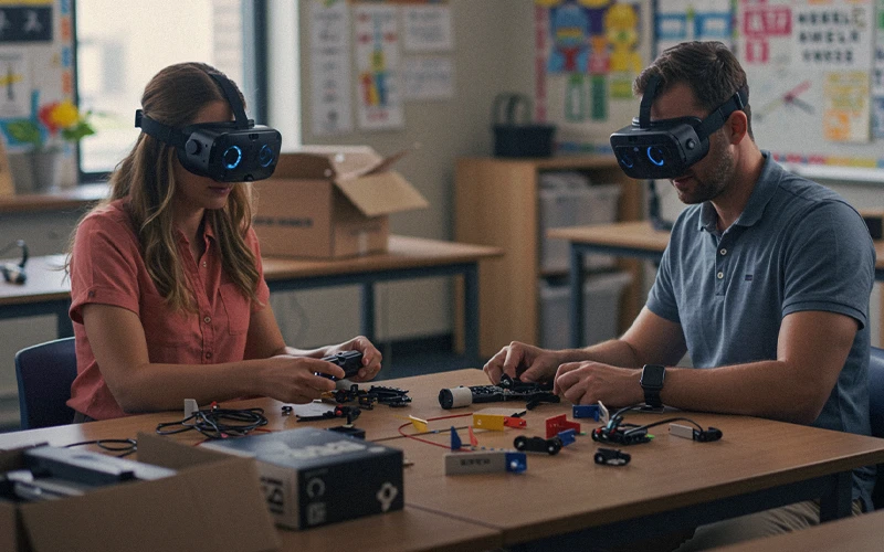 Two teachers using virtual reality headsets while assembling robotics kits during a summer professional development session in a K-12 classroom.