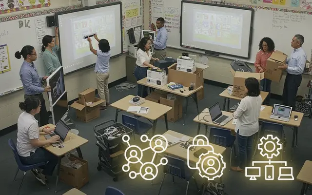 Technicians installing interactive displays, laptops and network gear in an empty classroom during summer break, illustrating tech-infrastructure upgrades for the new school year; overlay icons highlight networking, security and device management