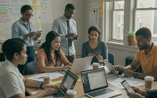 Diverse K-12 IT team gathered around a table with laptops and phones, planning summer edtech projects to prepare the school for a smooth fall start