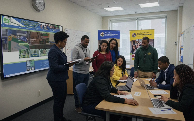 School communications team reviews website layout and branded photos on screen, planning visual strategy around laptops.