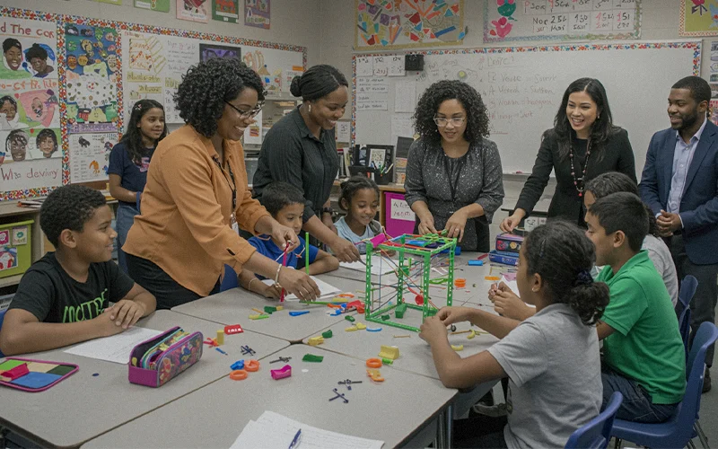Educators lead diverse students in a hands-on STEM project; candid classroom moment showcases storytelling in K-12 photography.