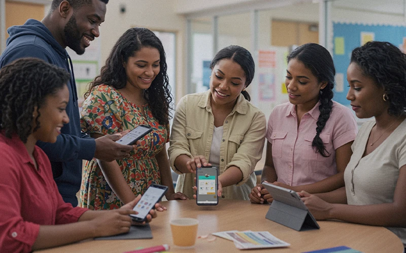 Staff team tests a school parent-engagement app on phones and tablets, collaborating on digital communication strategies. 