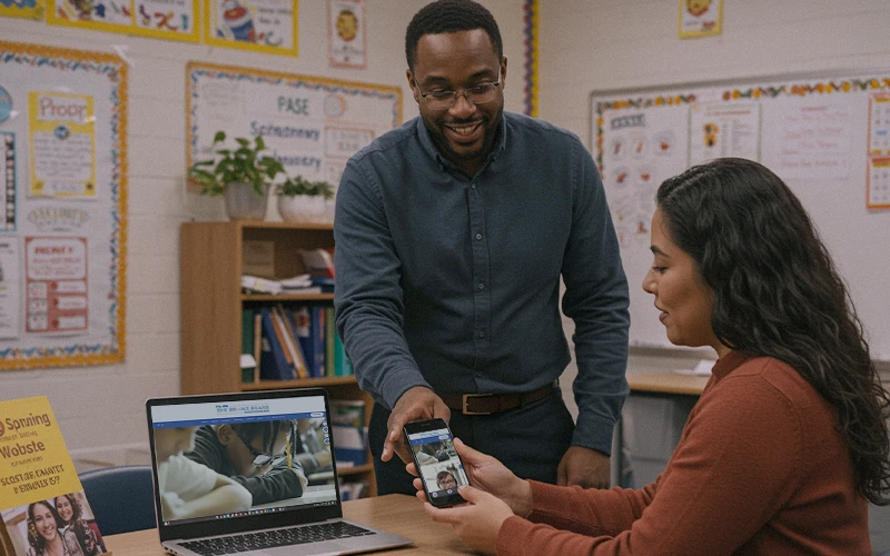 Teacher shows parent-communication app on smartphone while colleague reviews school website—demonstrating modern home-school outreach.