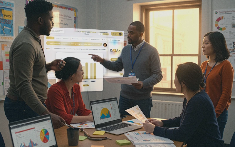 Educators review laptops while presenter points to projected school data dashboard, using charts to plan improvements.