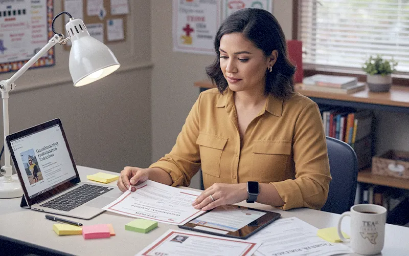 Texas educator reviews CPE documentation on SOLVED dashboard while organizing certificates at her desk