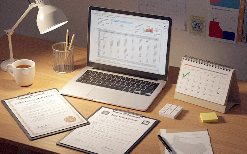 Desk setup with SOLVED spreadsheet tracking CPE hours, documentation forms and calendar check mark indicating audit readiness