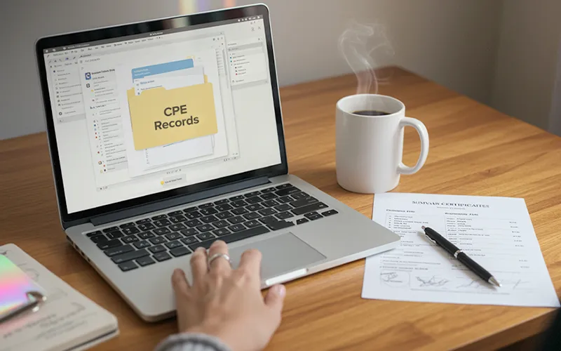 Educator opens SOLVED CPE Records folder on laptop, reviewing documentation certificate for CPE compliance