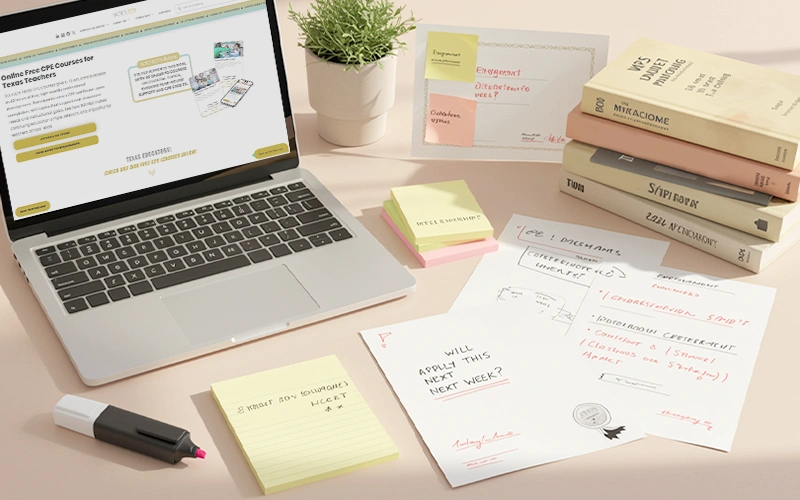 Teacher’s desk with a laptop showing online CPE courses, sticky notes, books, and lesson planning papers for earning continuing education credits.