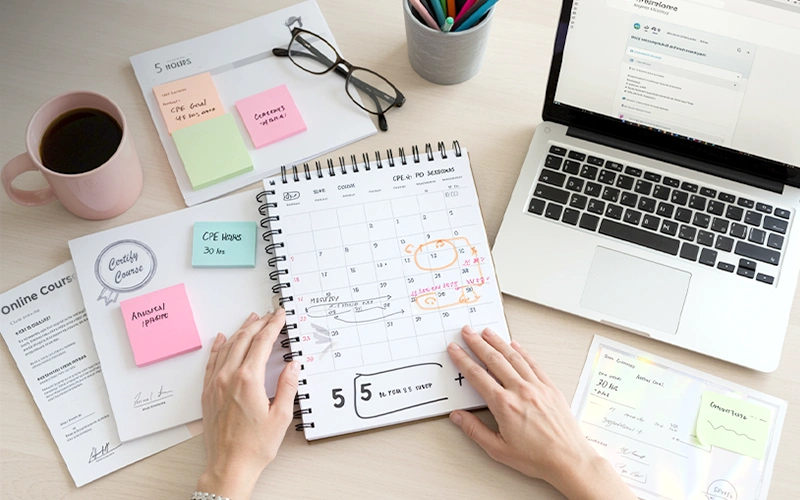 Teacher planning CPE and CTLE hours with a calendar, laptop, coffee, and sticky notes for continuing education credits.