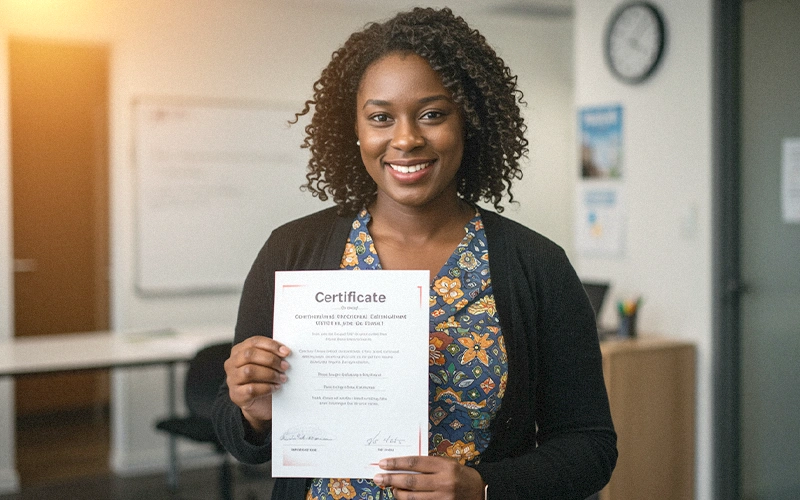 Smiling teacher proudly holding a continuing education certificate after completing professional development hours.