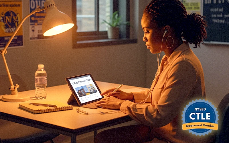 New York teacher studying online CTLE courses on a tablet at night, earning NYSED‑approved professional development hours. 