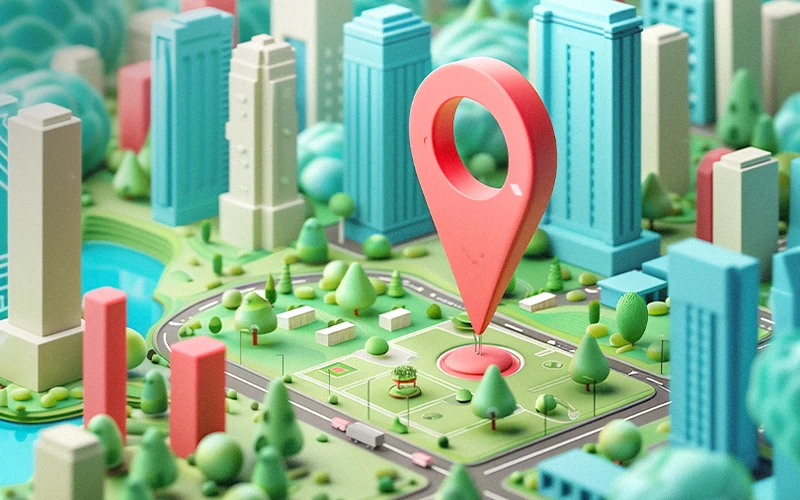 Illustration of a city map with a large red location pin, symbolizing local SEO for schools in 2025.