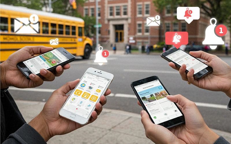 Parents checking smartphones with push and email notifications outside a school, representing how families receive urgent updates.