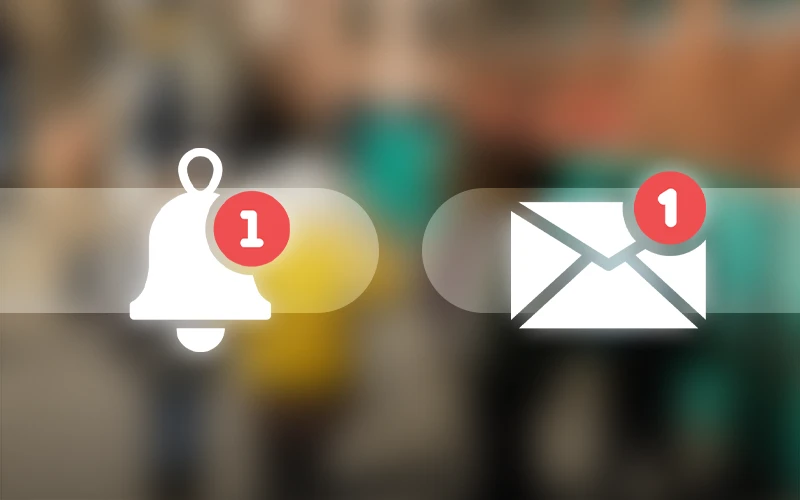 Illustration of a push notification bell and an email envelope with alerts, showing the difference in school communication channels.
