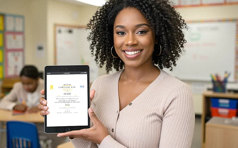 Teacher holding an iPad displaying a completed CPE certificate, highlighting successful professional development.