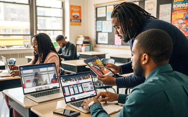 Teacher and students in a classroom using laptops and tablets, displaying the school’s website on their screens