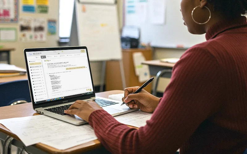 Teacher using SOLVED Data Dashboard’s DATA+ tool on a laptop to analyze student data and write notes during class preparation