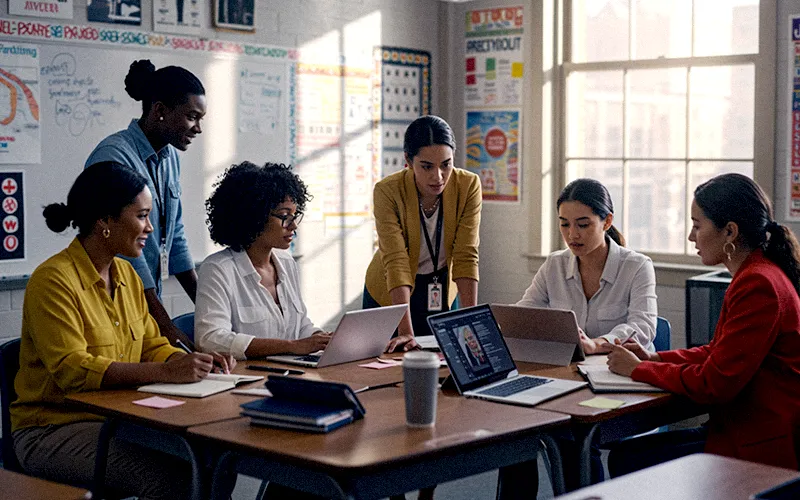 Teachers working together in a classroom setting, planning and reviewing short school videos on laptops