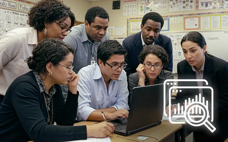 Educators analyzing student data on a laptop—attendance, screeners and early grades—to identify early support needs