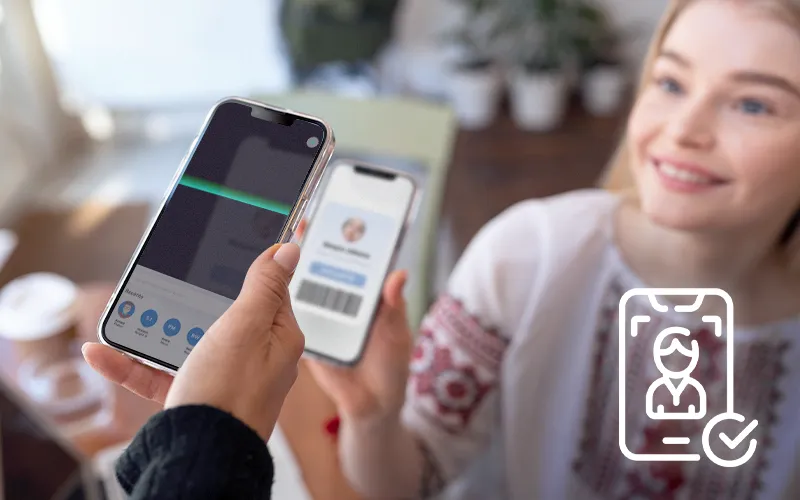Smartphone scans a digital student ID barcode on another phone using the Student ID Scanner app for quick check-in