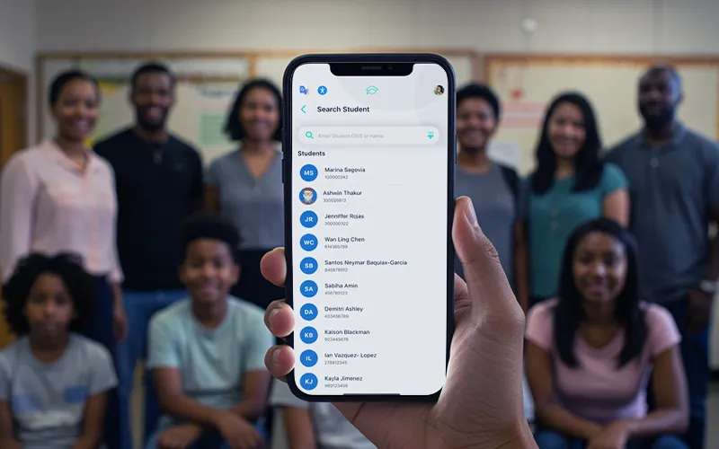 Teacher searches the student roster in the Student ID Scanner app on a smartphone, inside a K-12 classroom