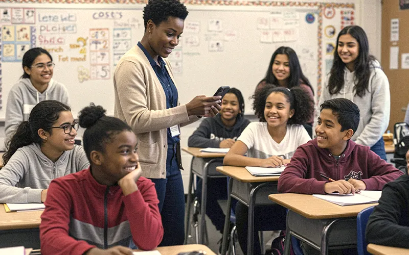 Teacher records attendance with the Student ID Scanner app while students engage in a middle-school classroom