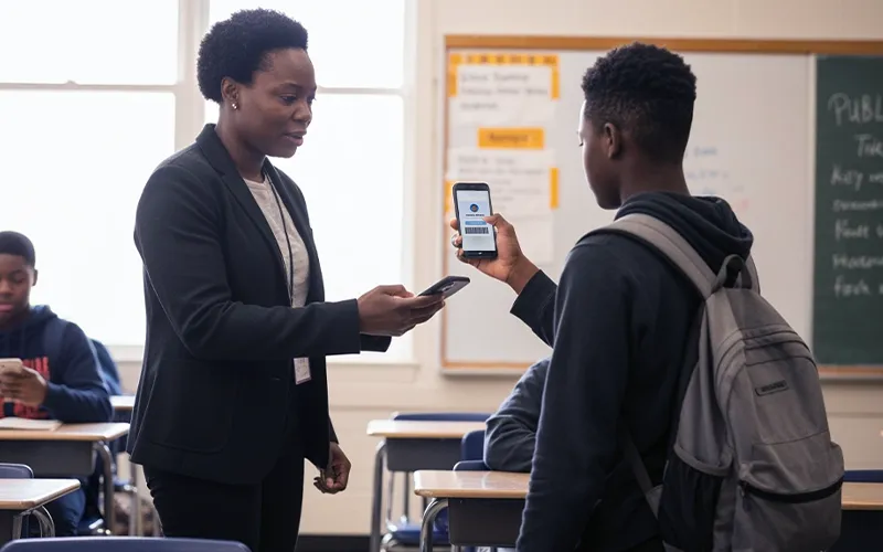 Teacher scans a student’s phone barcode to log attendance with the Student ID Scanner app in class