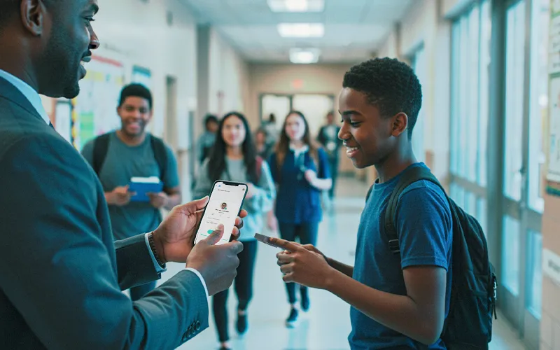 School administrator scans a student’s Digital Student ID with the SOLVED app to record attendance in a hallway.