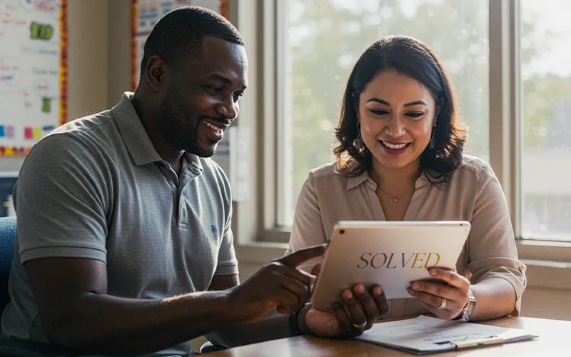 Two school staff use a SOLVED tablet app to manage grades, messages, and calendars in one K-12 platform