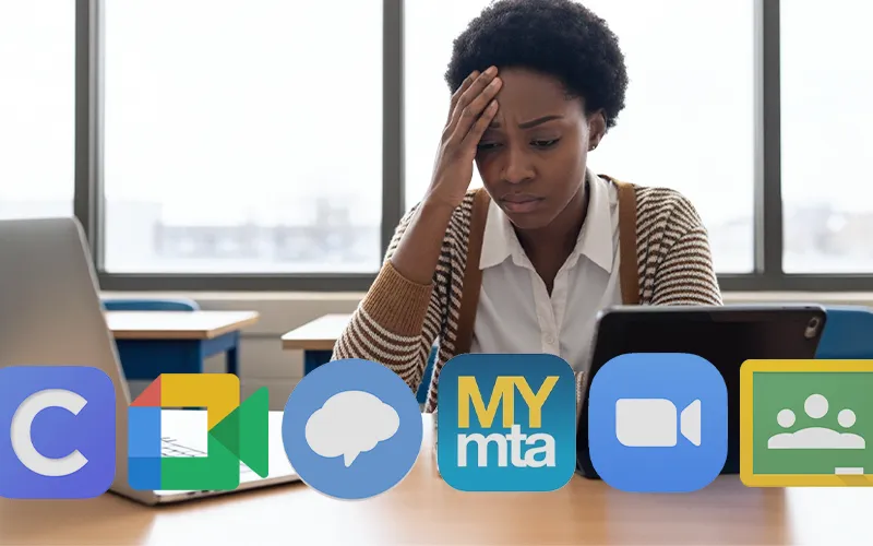 Teacher frustrated by switching between multiple K-12 school apps on laptop and tablet—app overload