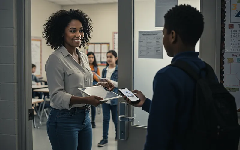 Teacher scans a student’s Digital Student ID at the classroom door using the school app