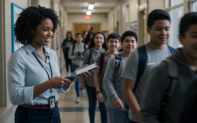Teacher using a mobile scanner app to check in students for attendance in a K-12 school hallway.