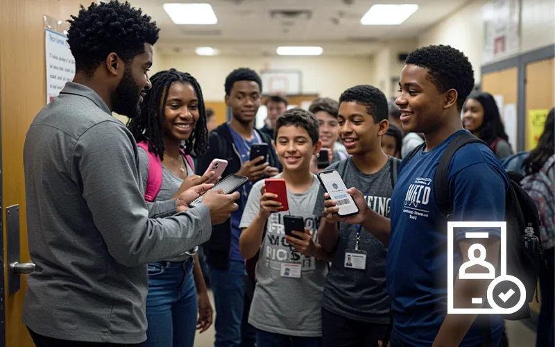 Students checking in with a digital student ID scanner app at school event for fast, accurate attendance tracking.