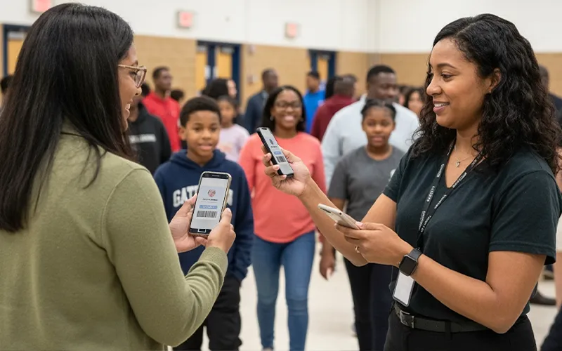 Parents and students waiting in line while staff track school event attendance with paper sign-in sheets.