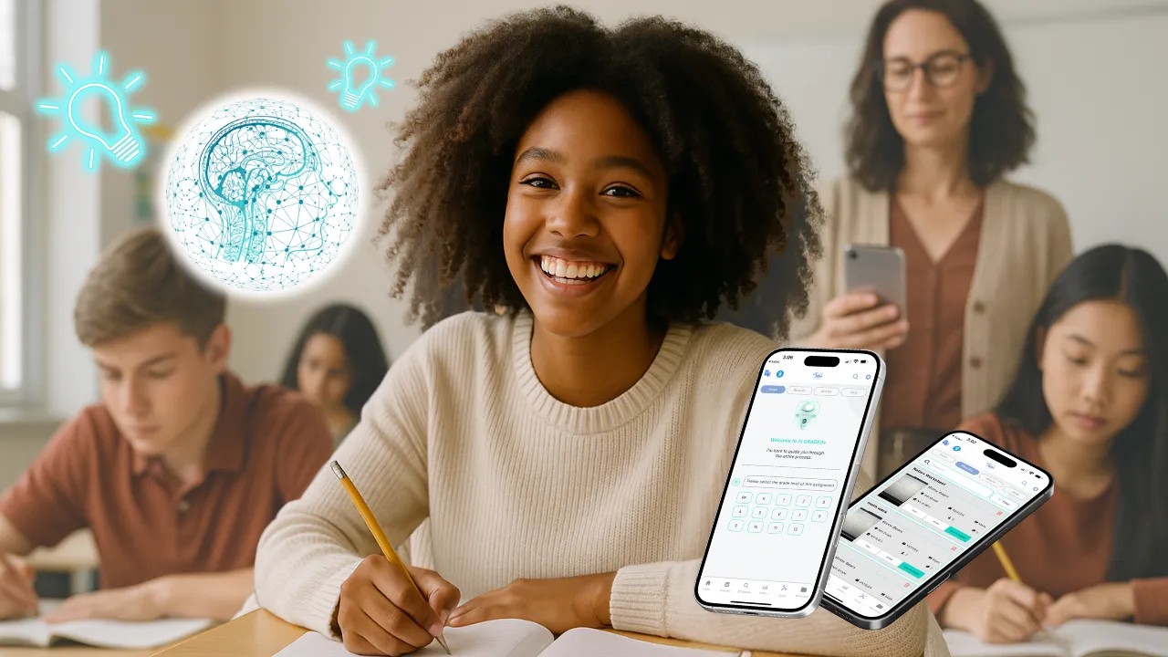 Smiling student handwriting in class while two phones display SOLVED’s GRADED+ app for AI grading; teacher and classmates in background