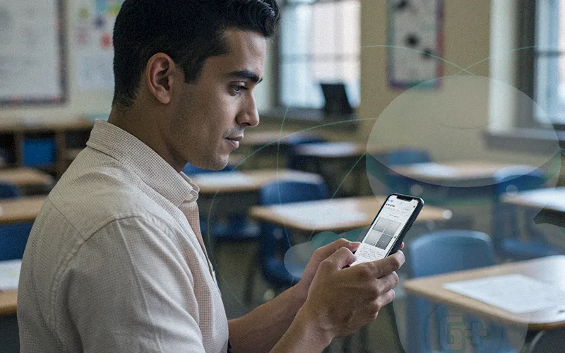 Teacher using the GRADED+ app on a smartphone to scan and grade handwritten work automatically in the classroom.