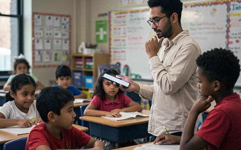 Adult guiding a young student in reading with an overlaid free checklist icon for a structured literacy walkthrough