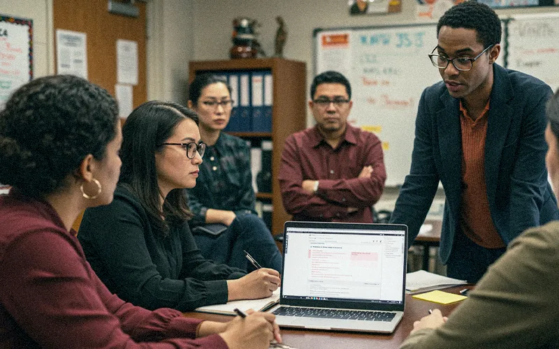 Teachers collaborating in a PLC meeting with laptops open, discussing agenda items and student data.